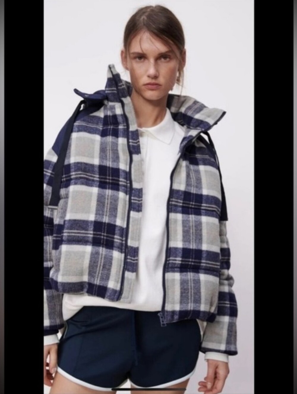 ZARA Blue & Grey Plaid Flannel Puffer Jacket - Women's Size S